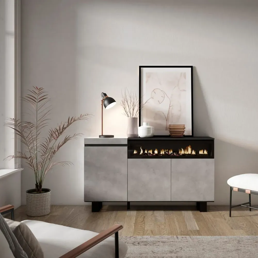 Illustration numéro 2 du produit Buffet effet bois ciment 150x35x87cm cheminée effet feu