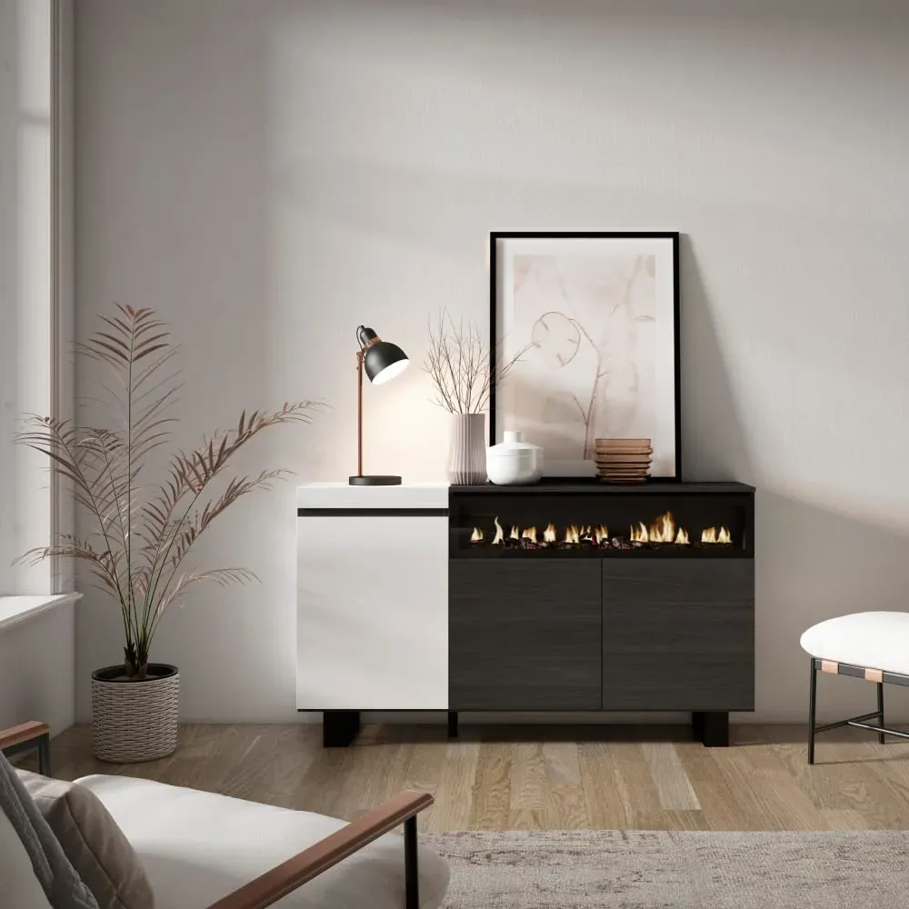 Illustration numéro 2 du produit Buffet effet bois blanc et noir 150x35x87cm cheminée effet feu