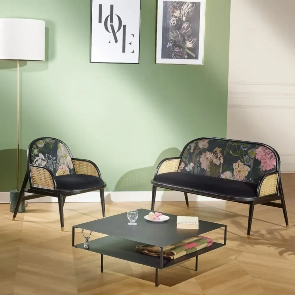 Illustration numéro 2 du produit Banquette 2 places en chêne couleur noire et tissus à motifs