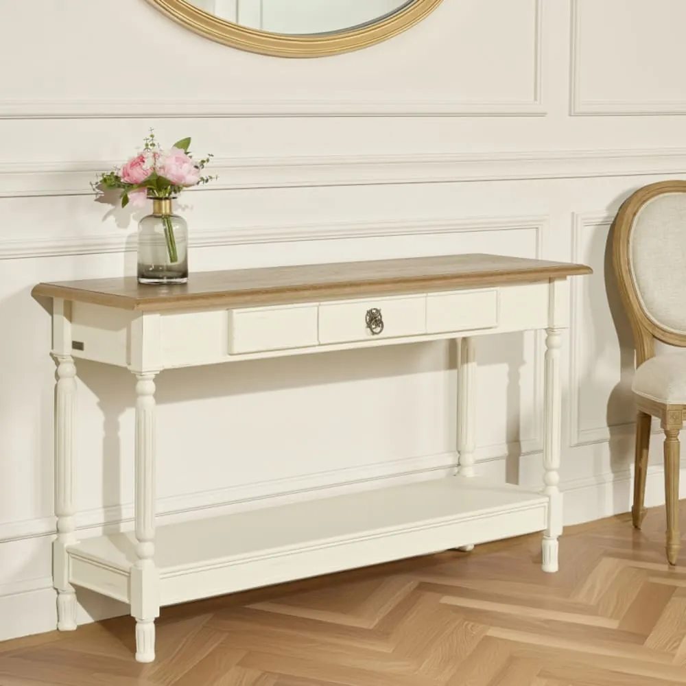 Illustration numéro 2 du produit Console style shabby chic, plateau en chêne, 1 tiroir blanche