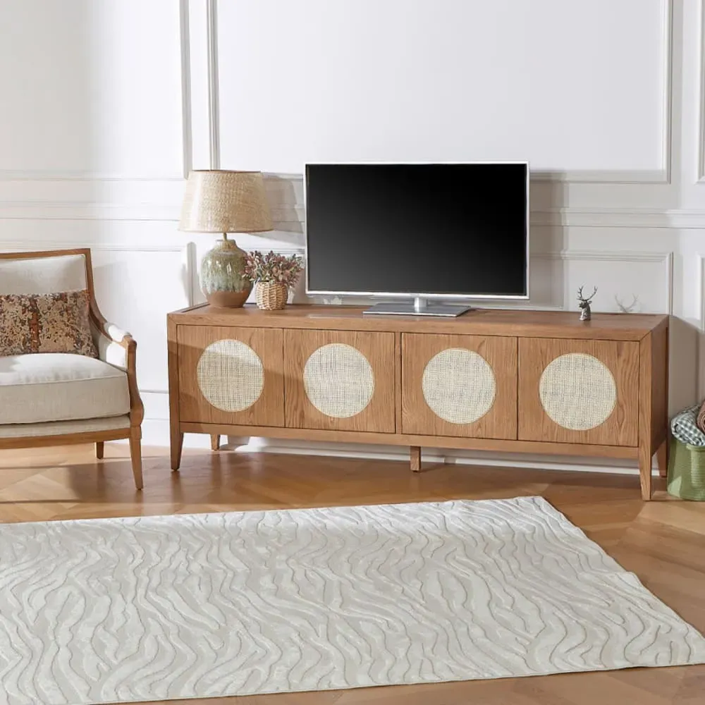 Illustration numéro 2 du produit Meuble TV 4 portes en chêne et cannage teinte claire