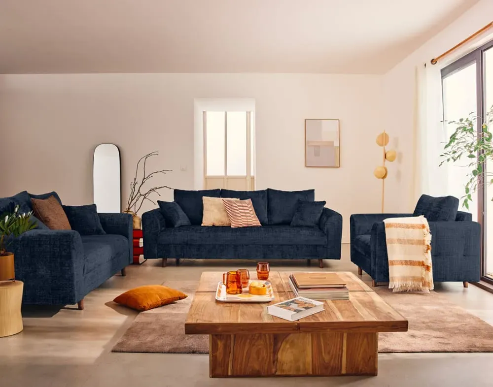 Illustration numéro 2 du produit Canapé 3 places en velours texturé bleu