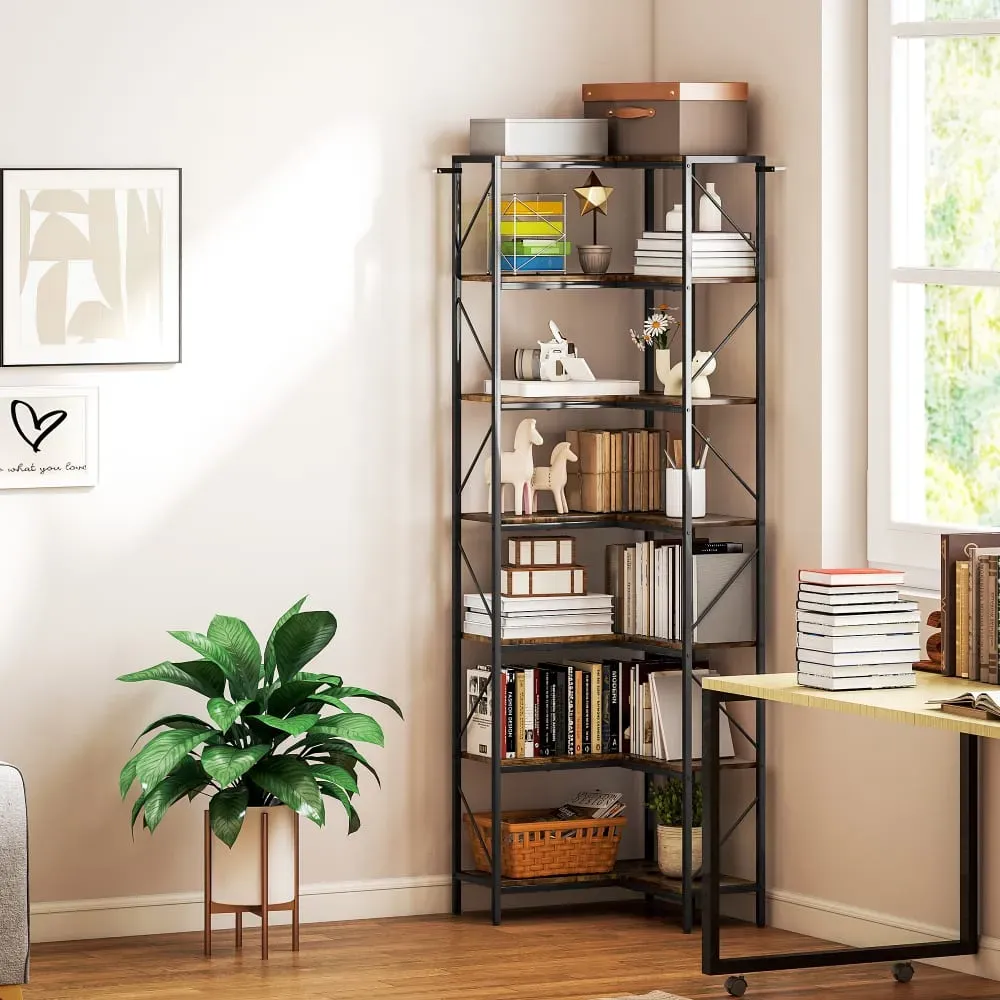 Illustration numéro 2 du produit Bibliothèque d'angle à 7 niveaux industriel brun rustique