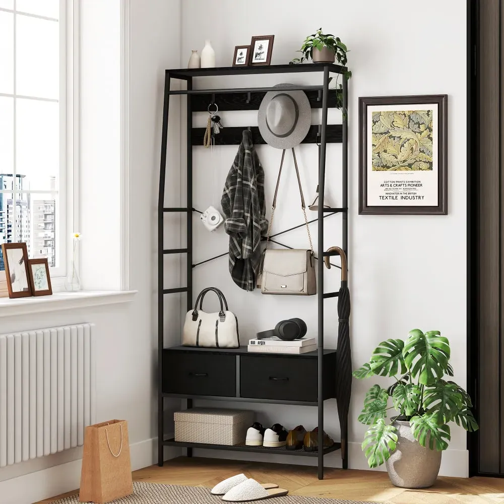 Illustration numéro 2 du produit Portant à vêtements 2 tiroirs étagère 8 crochets cadre en acier noir