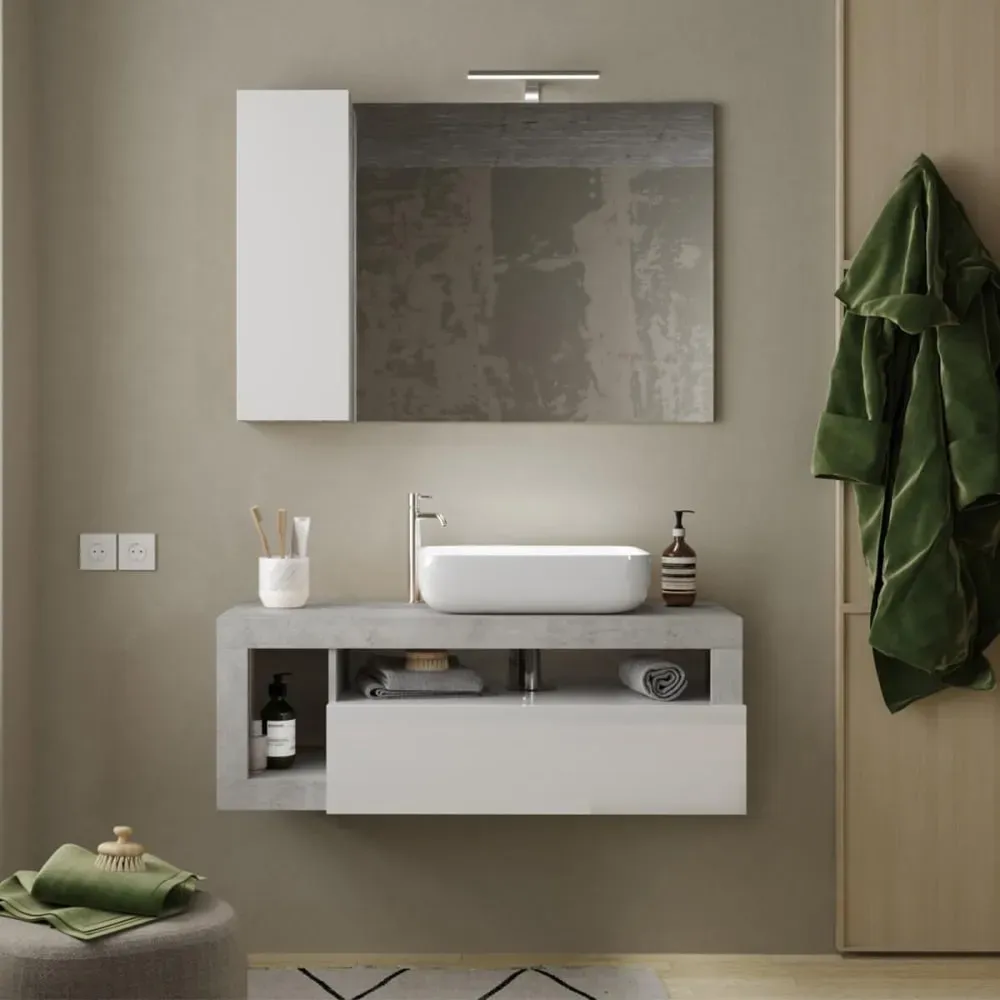 Illustration numéro 2 du produit Meuble  vasque 110cm suspendu 1 tiroirs blanc laqué et aspect aspect b