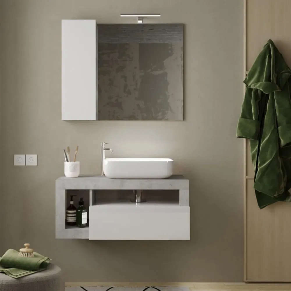 Illustration numéro 2 du produit Meuble  vasque 92cm suspendu 1 tiroirs blanc laqué et aspect béton