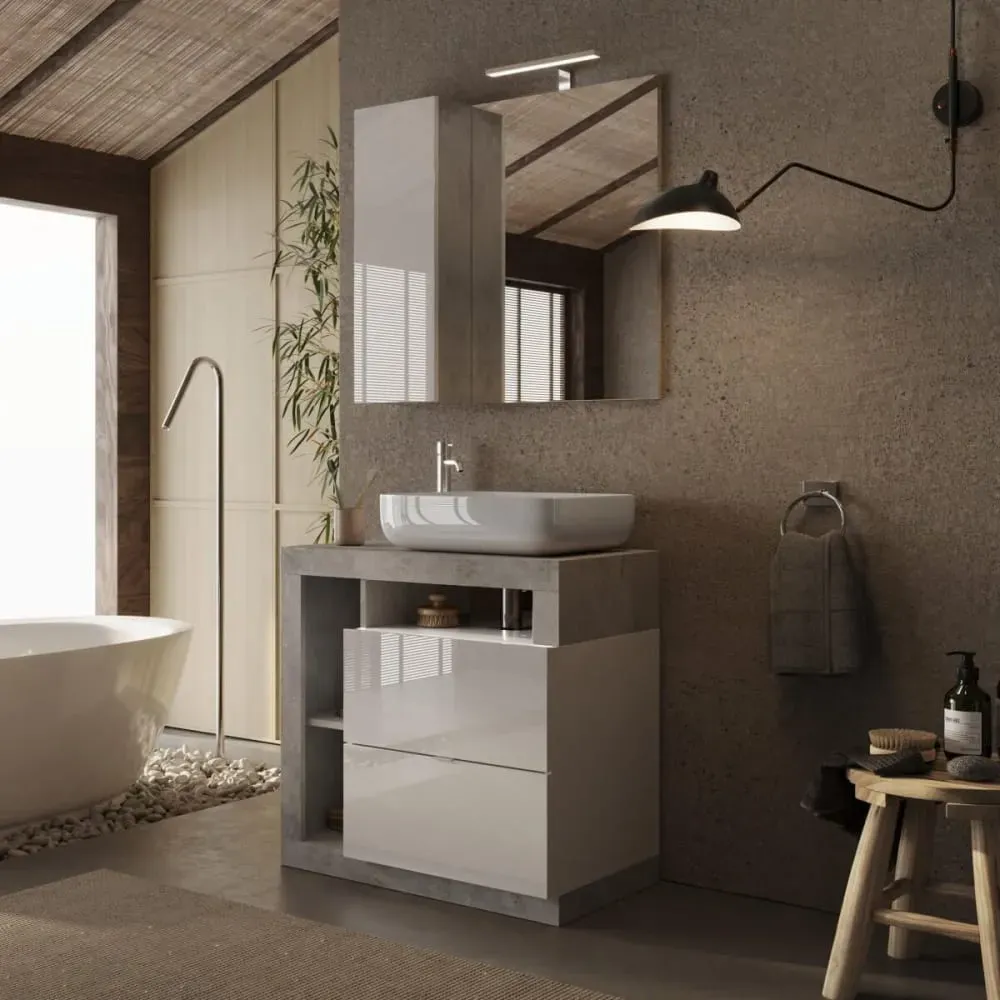 Illustration numéro 2 du produit Meuble  vasque 78cm + miroir blanc et aspect béton