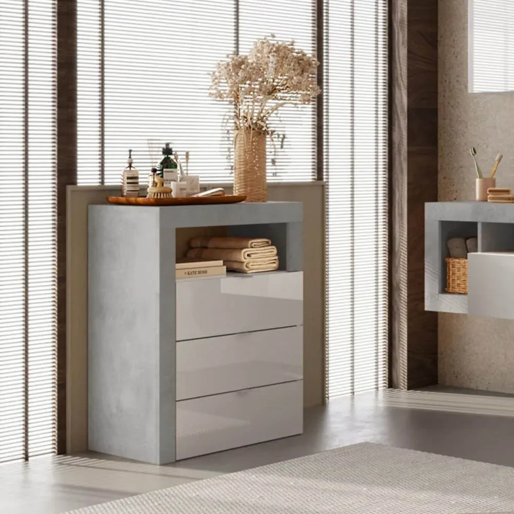 Illustration numéro 2 du produit Rangement  3 tiroirs 64cm blanc laqué et aspect béton