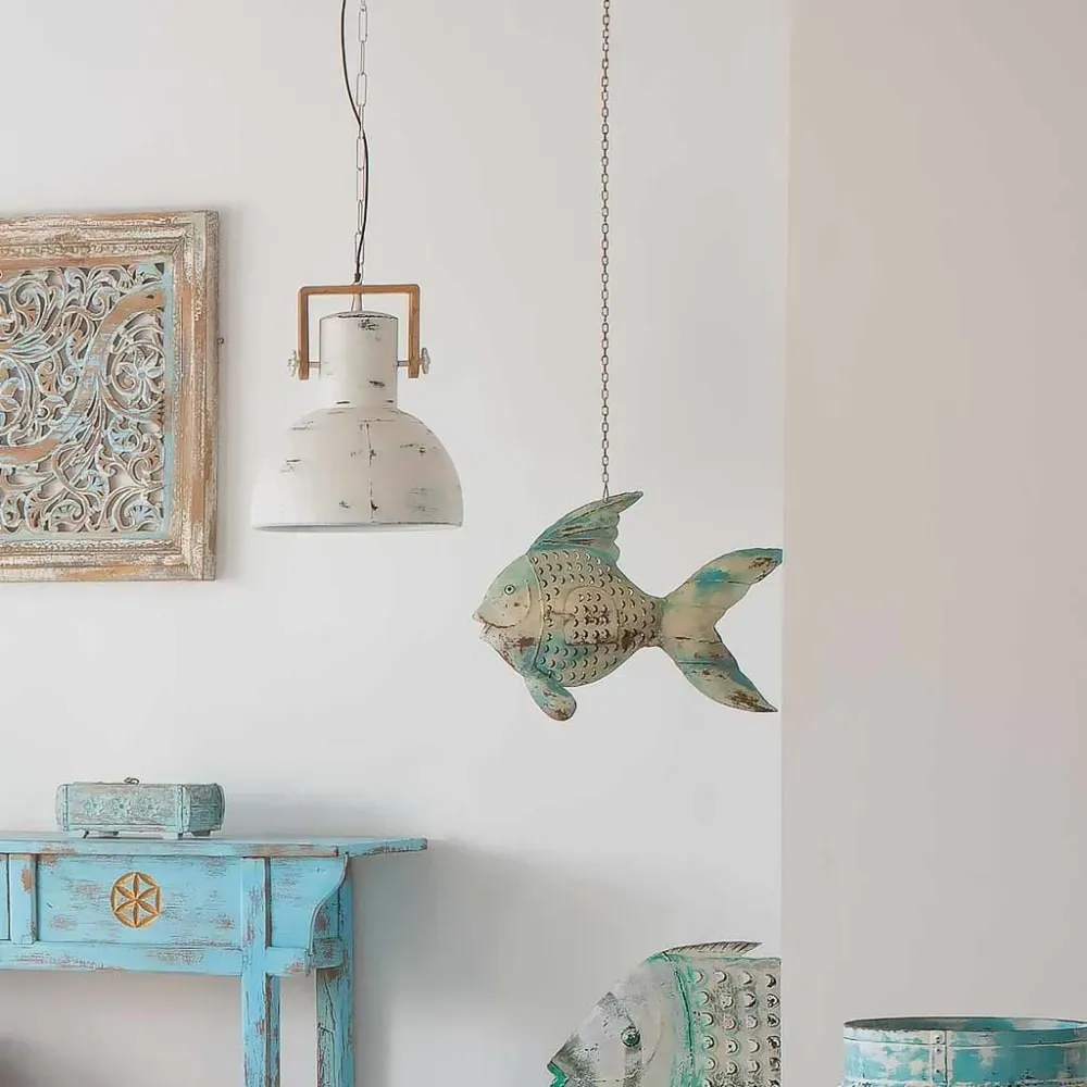 Illustration numéro 2 du produit Bougeoir poisson en métal vieilli bleu, 56x10x42h cm