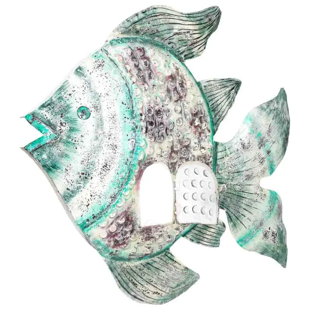 Illustration numéro 2 du produit Bougeoir poisson en métal vieilli bleu-gris, 120x9x100h cm