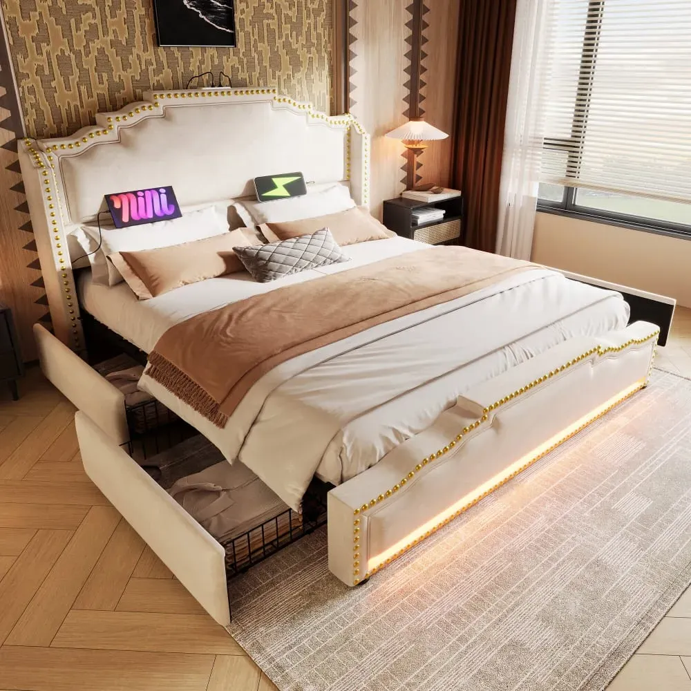 Illustration numéro 2 du produit Lit king beige rembourré captionné royal avec éclairage LED