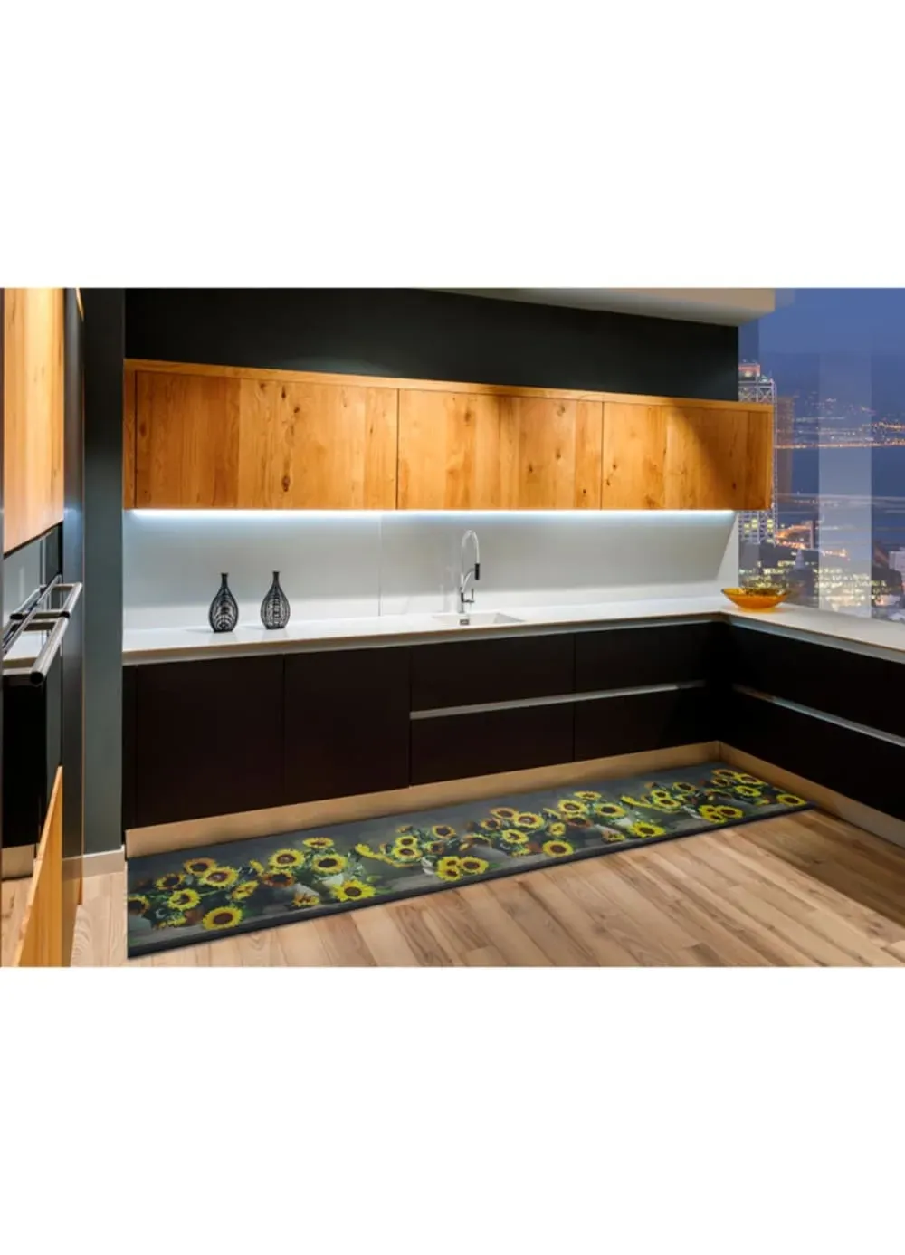 Illustration numéro 2 du produit Tapis de cuisine lavable fleurs jaune/vert/gris 52x100 cm