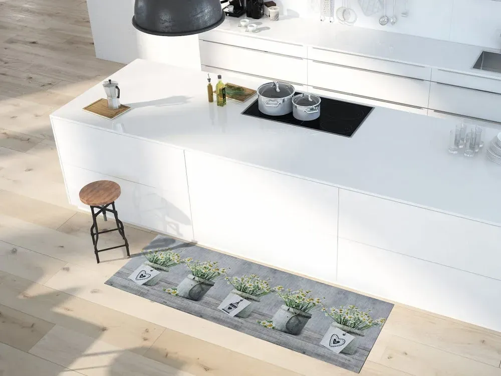 Illustration numéro 2 du produit Tapis de cuisine lavable fleurs gris/vert/jaune 52x100 cm