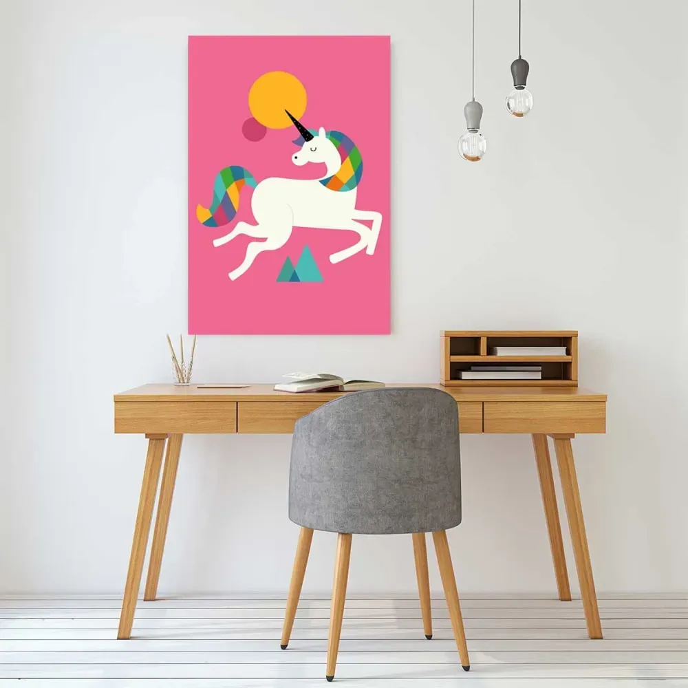Illustration numéro 2 du produit Tableau licorne rose imprimé sur toile 40x60 cm