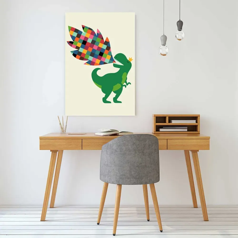 Illustration numéro 2 du produit Tableau dino cracheur de feu imprimé sur toile 40x60 cm