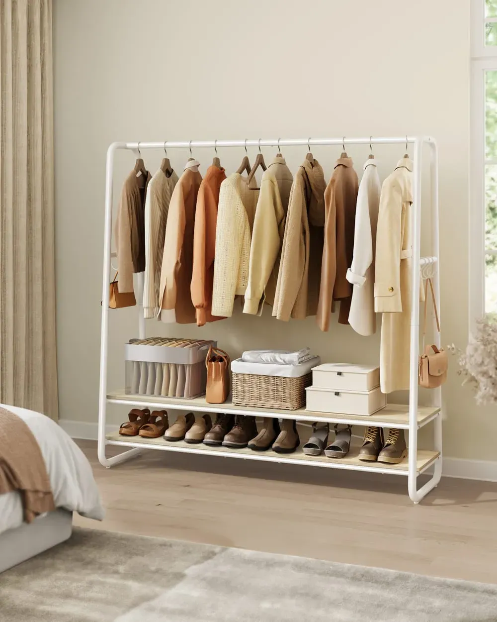 Illustration numéro 2 du produit Portant à vêtement avec 2 étagères 45 x 138 x 160 cm beige et blanc