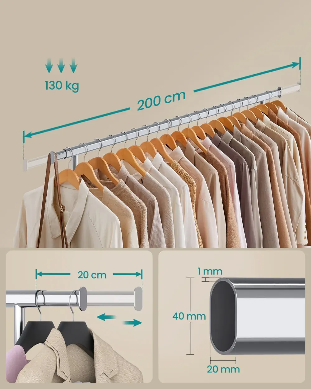 Illustration numéro 2 du produit Tringle à vêtements extensible à roulettes argenté