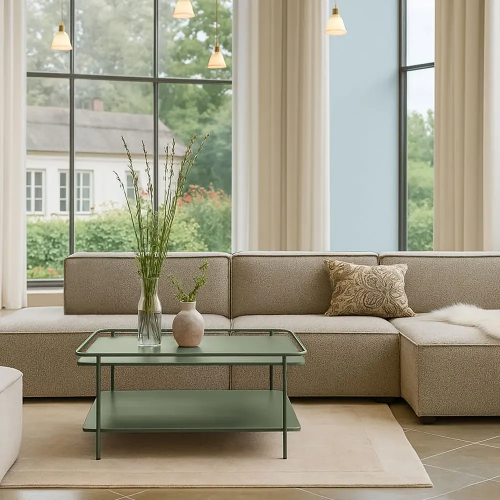 Illustration numéro 2 du produit Table basse carrée 2 plateaux en métal 75x75cm - Vert olive