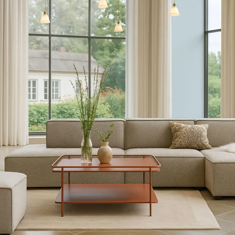 Illustration numéro 2 du produit Table basse carrée 2 plateaux en métal 75x75cm - Terracotta