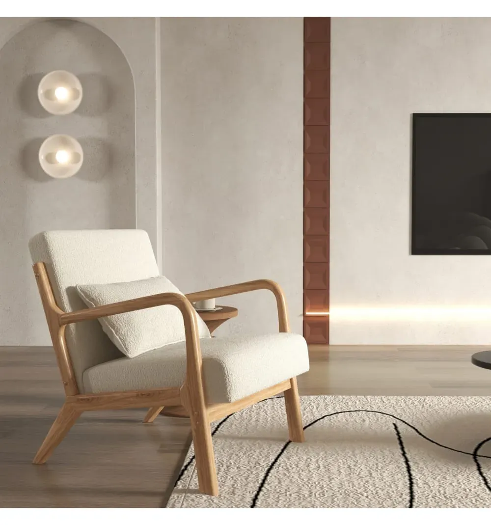 Illustration numéro 2 du produit Fauteuil en tissu Curly Ecru et bois naturel