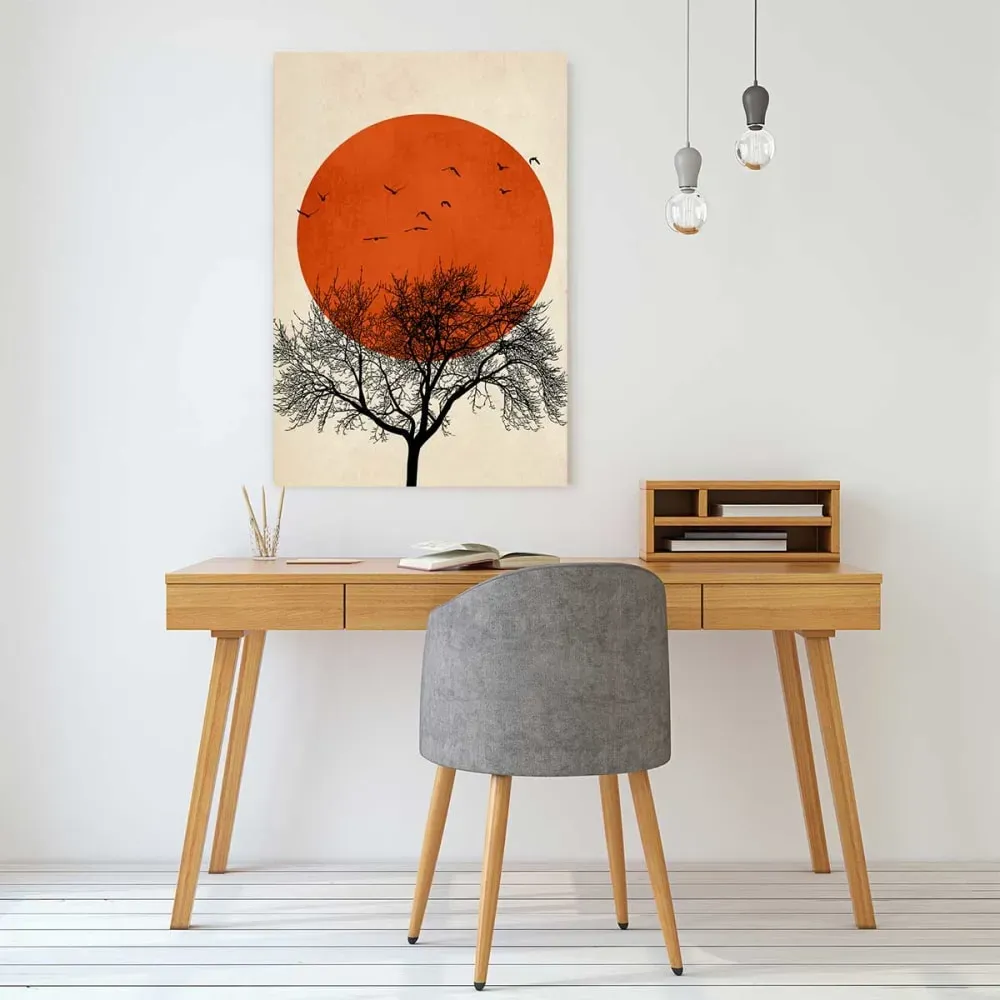 Illustration numéro 2 du produit Tableau soleil rouge graphique imprimé sur toile 60x90 cm