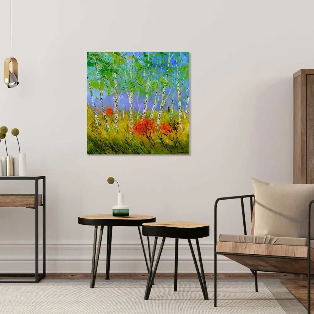 Illustration numéro 2 du produit Tableau paysage bouleaux et coquelicots imprimé sur toile 80x80 cm