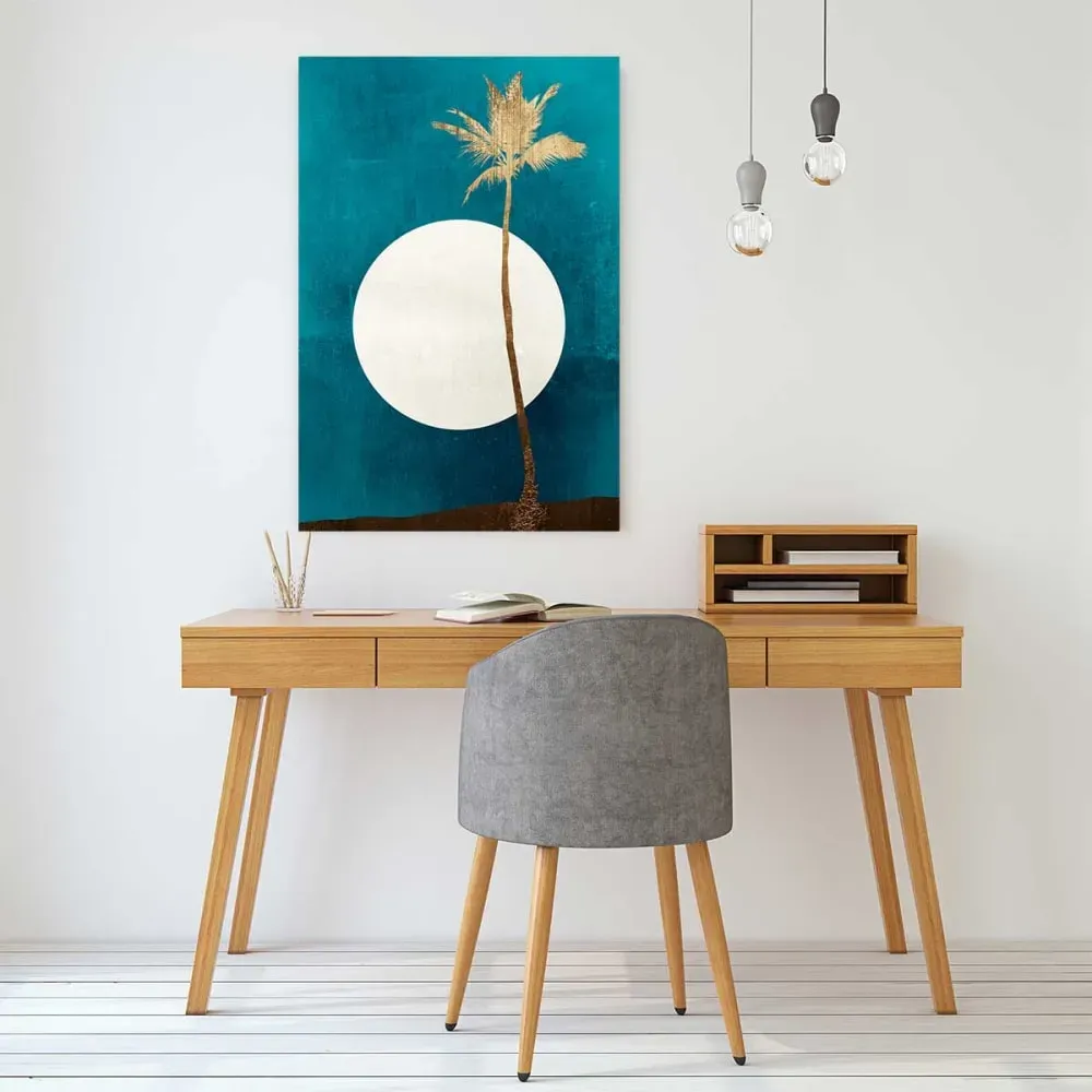 Illustration numéro 2 du produit Tableau cocotier sur fond bleu imprimé sur toile 60x90 cm