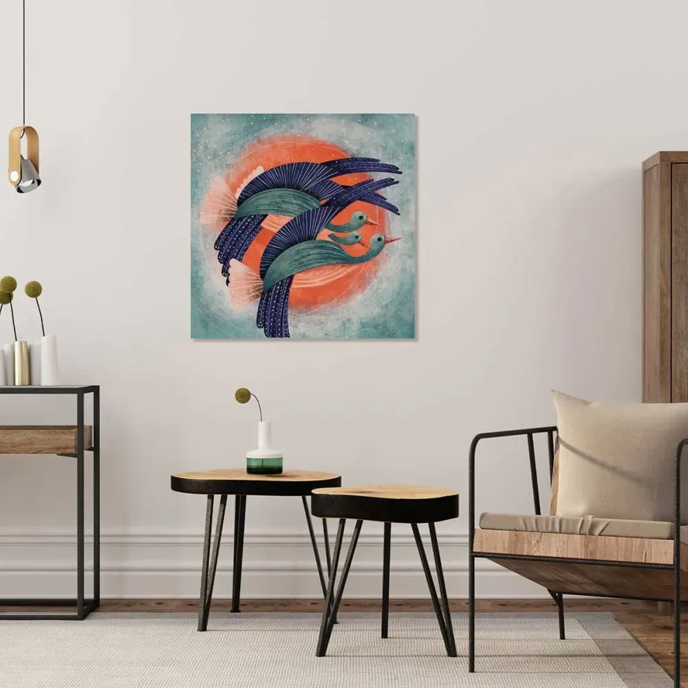 Illustration numéro 2 du produit Tableau oiseau lyre et soleil rouge imprimé sur toile 80x80 cm