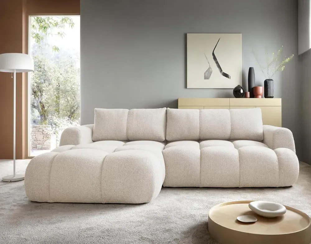 Illustration numéro 2 du produit Canapé d'angle gauche convertible 4 places en tissu bouclette beige