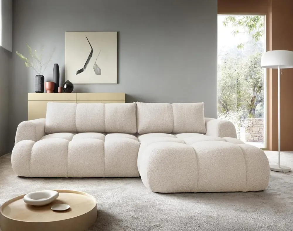 Illustration numéro 2 du produit Canapé d'angle droit convertible 4 places en tissu bouclette beige