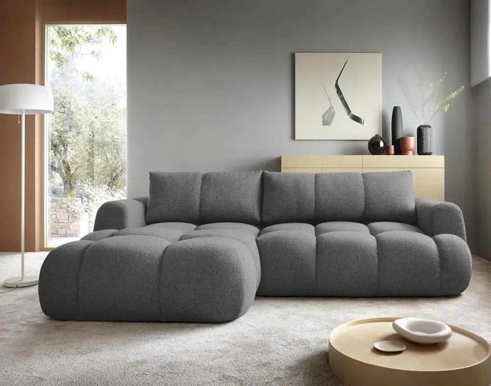 Illustration numéro 2 du produit Canapé d'angle gauche convertible 4 places en tissu bouclette gris