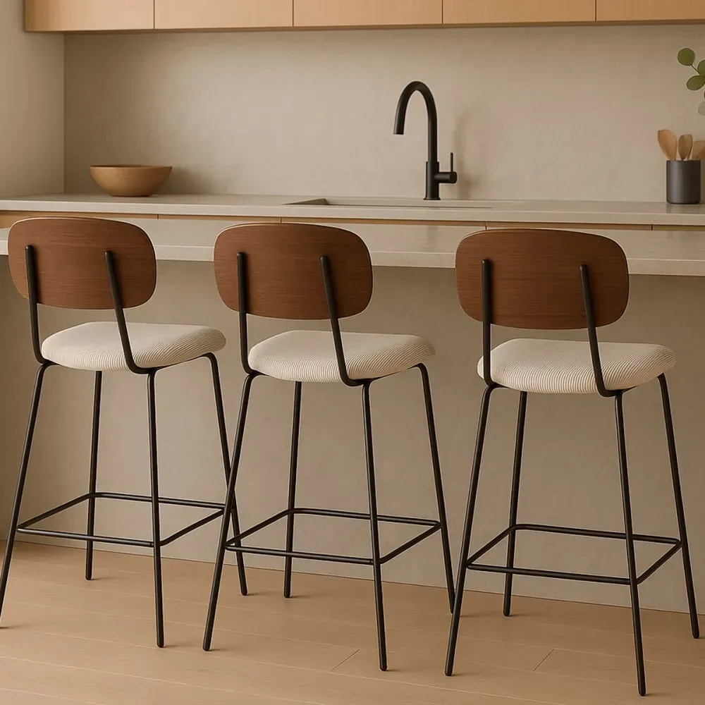 Illustration numéro 2 du produit Lot de 2 tabourets de bar en velours côtelé beige