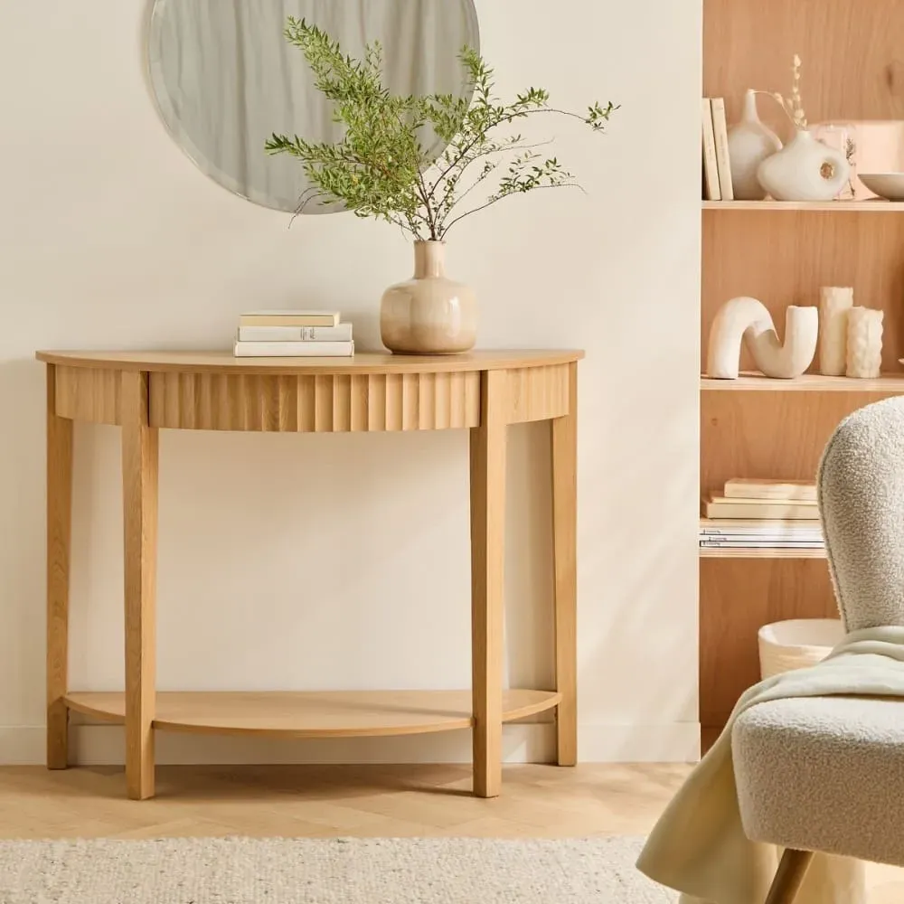 Illustration numéro 2 du produit Console arrondie 2 niveaux H76 cm - Effet Bois clair