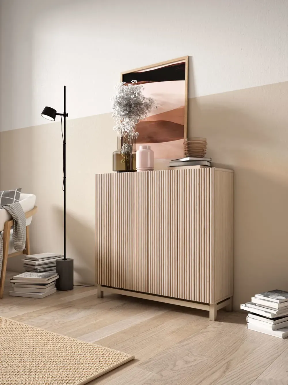 Illustration numéro 2 du produit Meuble à chaussures mélamine noyer clair portes lattes clair 90x90x27