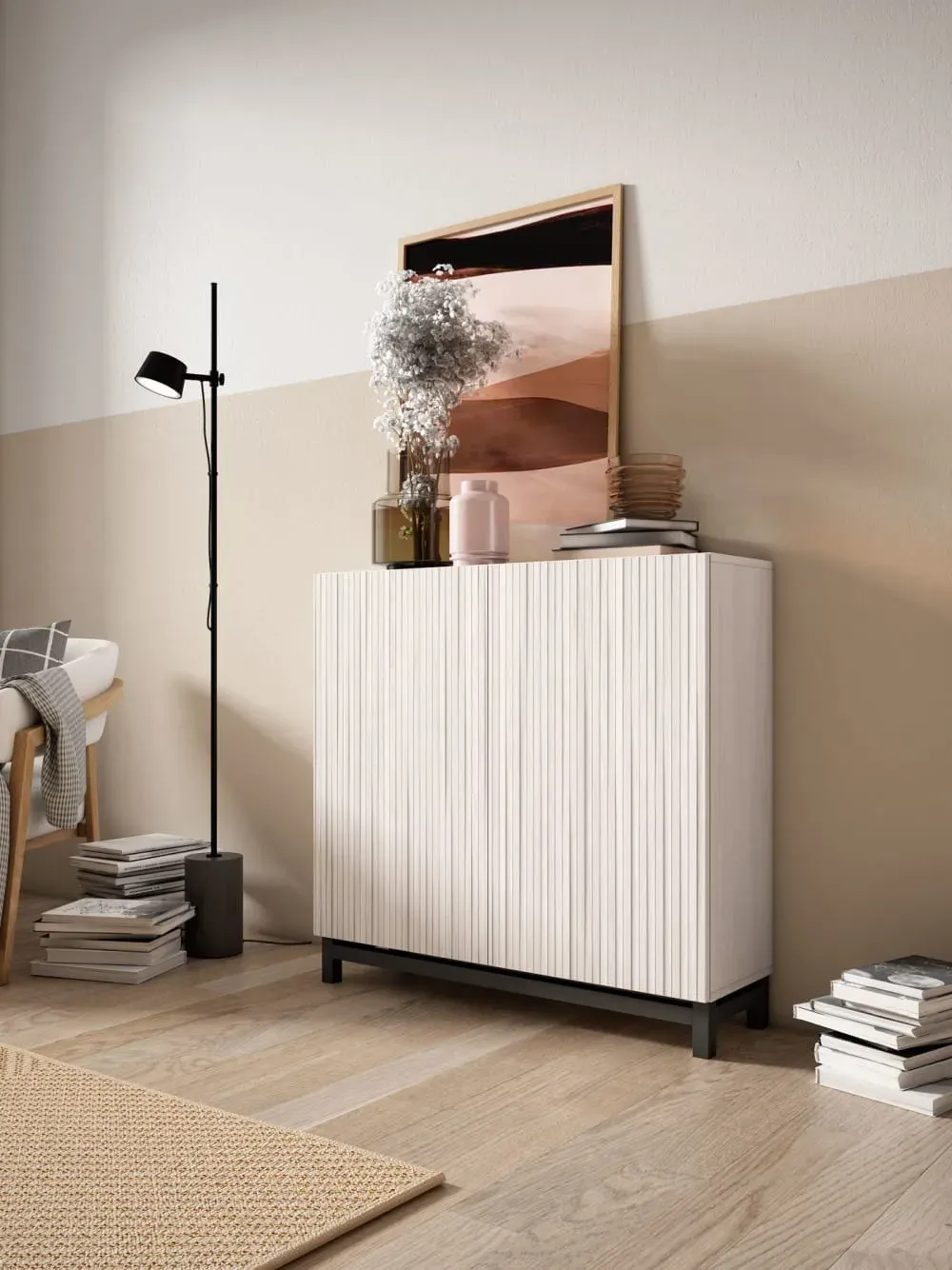 Illustration numéro 2 du produit Meuble à chaussures mélamine blanc portes effet lattes blanc 90x90x27