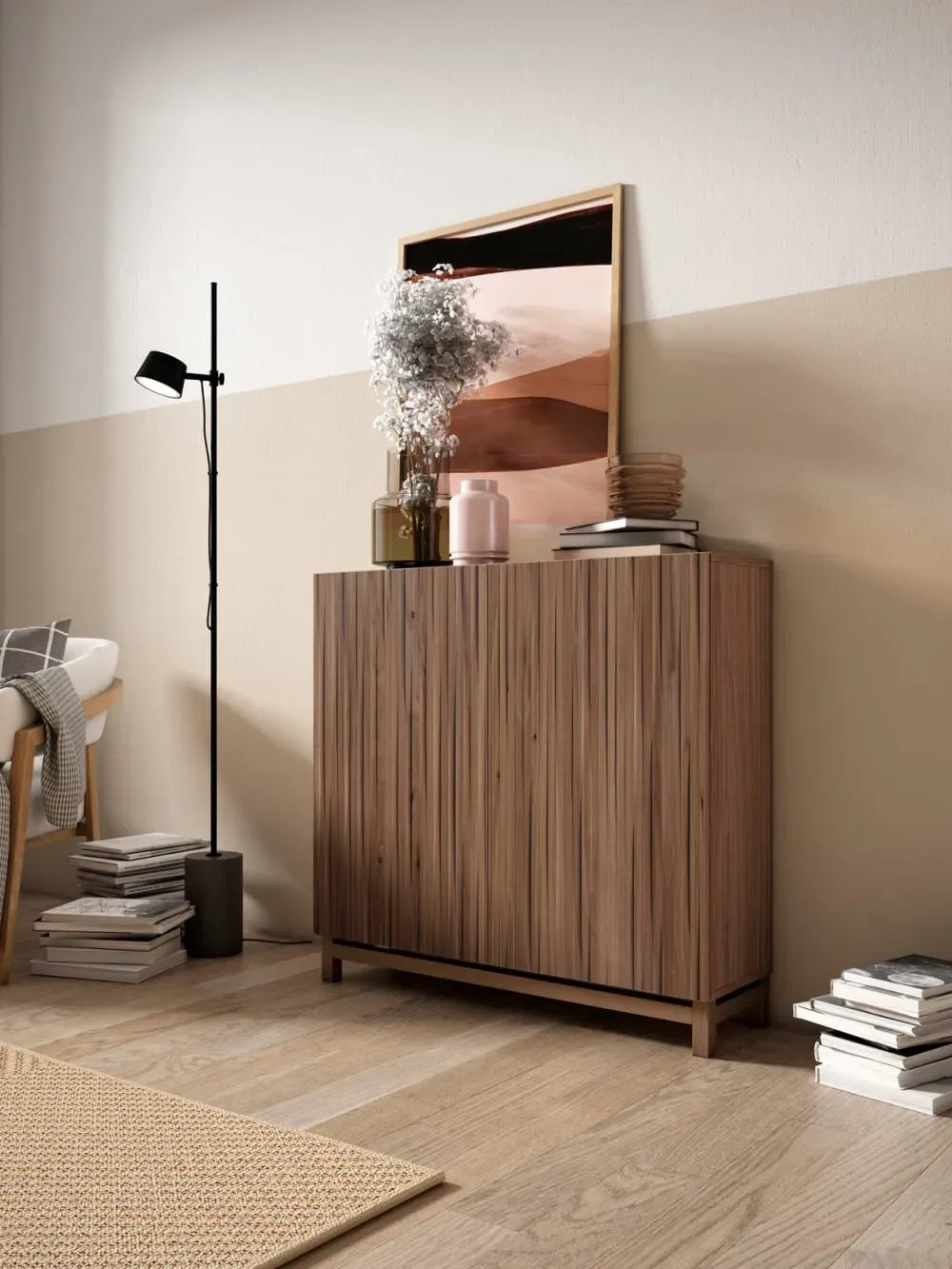 Illustration numéro 2 du produit Meuble à chaussures mélamine noyer portes effet lattes noyer 90x90x27