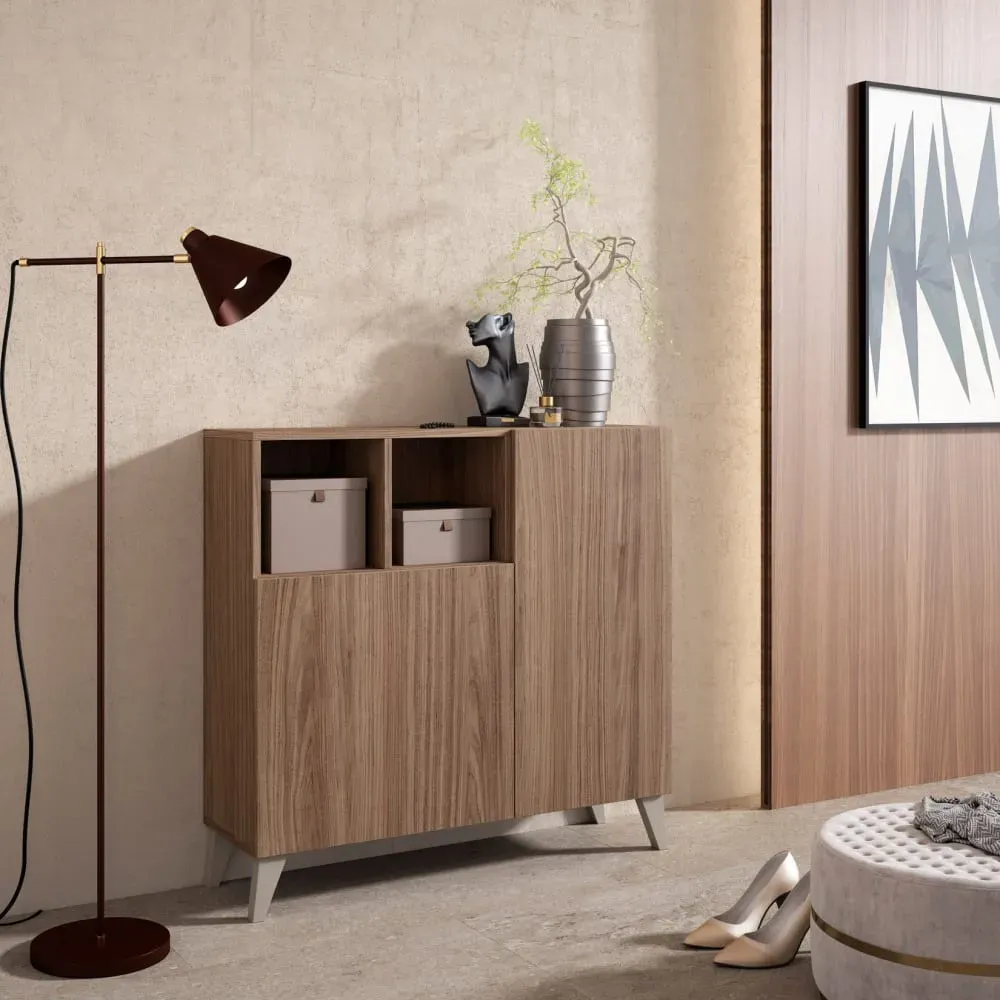 Illustration numéro 2 du produit Meuble à chaussures mélaminé noyer pieds taupe 87×90×27 cm