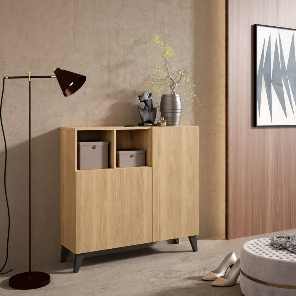 Illustration numéro 2 du produit Meuble à chaussures mélaminé chêne doré pieds graphite 87×90×27 cm