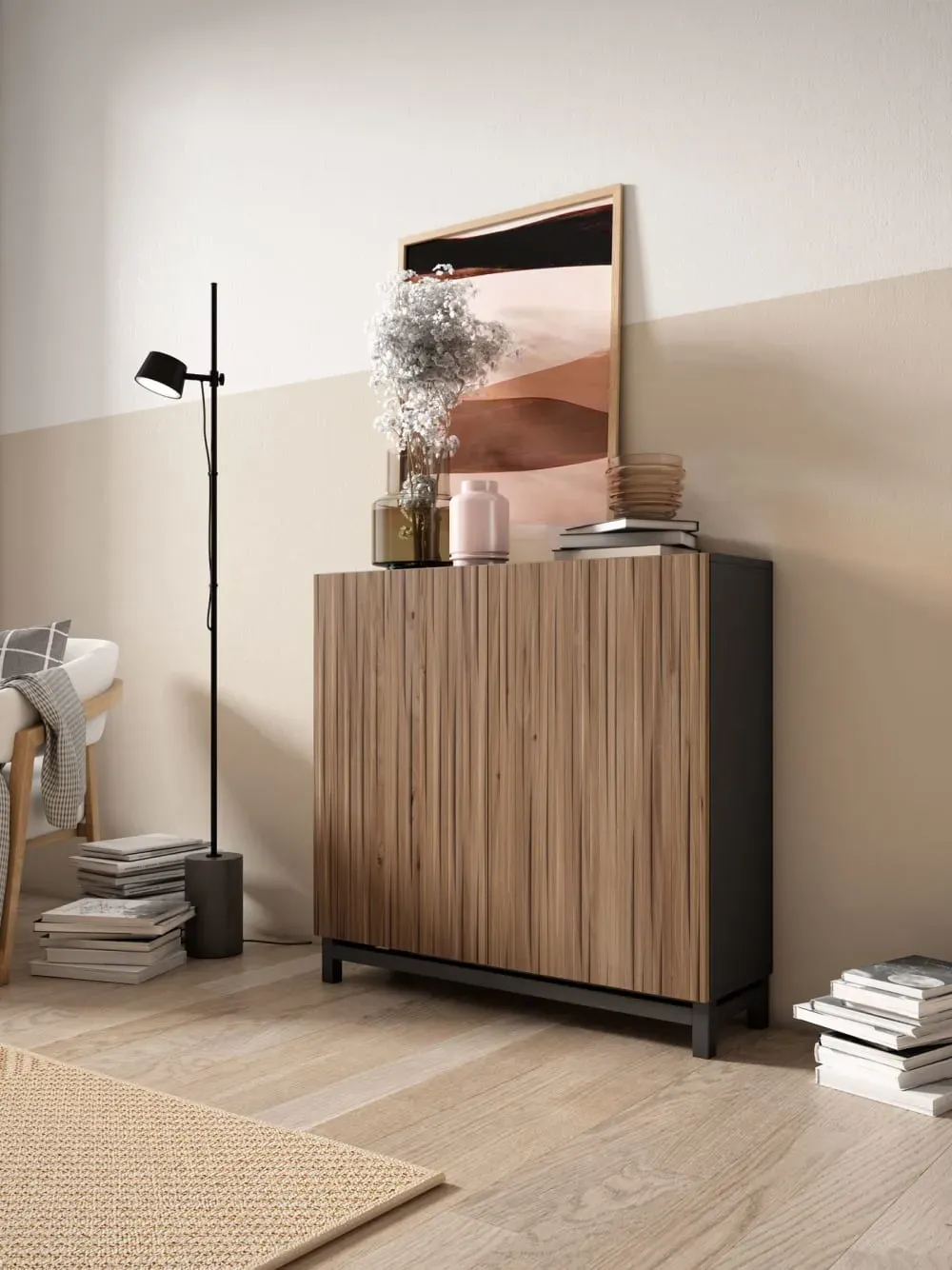 Illustration numéro 2 du produit Meuble à chaussures mélamine graphite portes effet lattes noyer