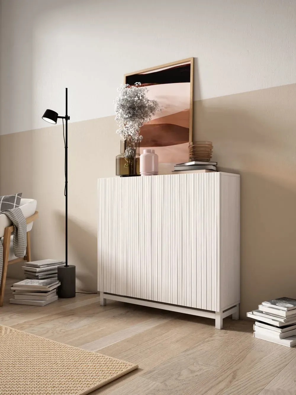 Illustration numéro 2 du produit Meuble à chaussures mélamine blanc portes effet lattes blanc 90x90x27