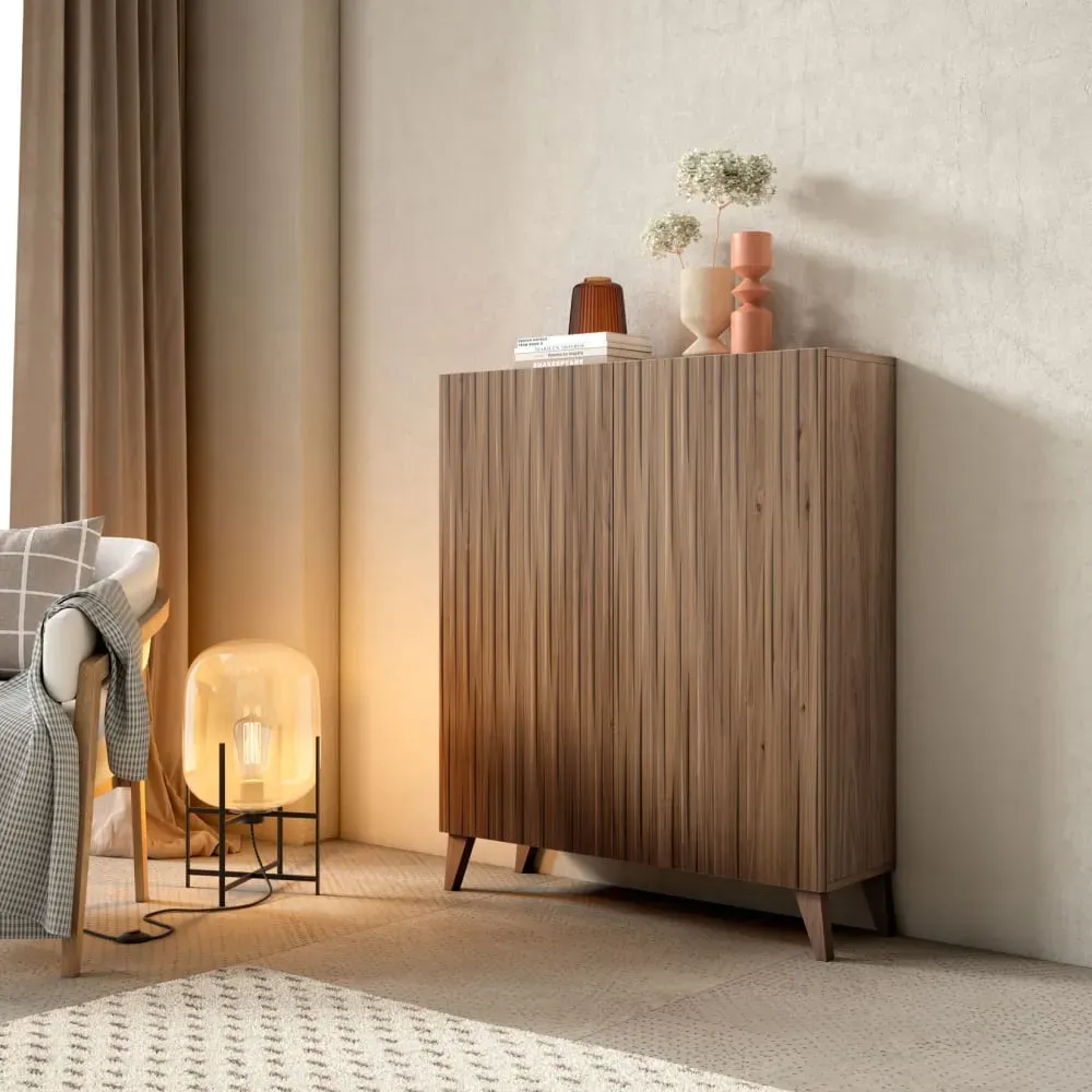 Illustration numéro 2 du produit Meuble à chaussures mélamine noyer portes effet lattes noyer 109x90x27