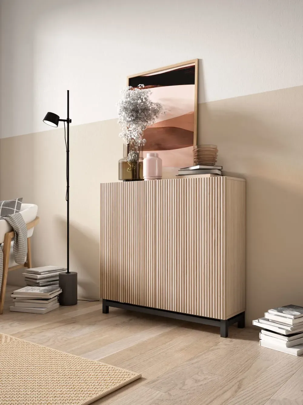 Illustration numéro 2 du produit Meuble à chaussures mélamine noyer clair portes effet lattes clair