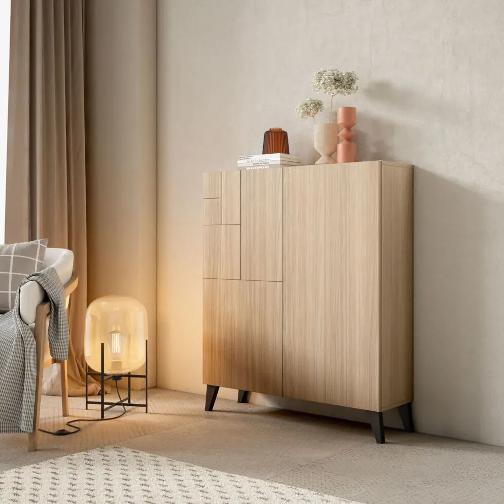 Illustration numéro 2 du produit Meuble à chaussures en mélamine noyer clair pieds graphite 109x90x27cm