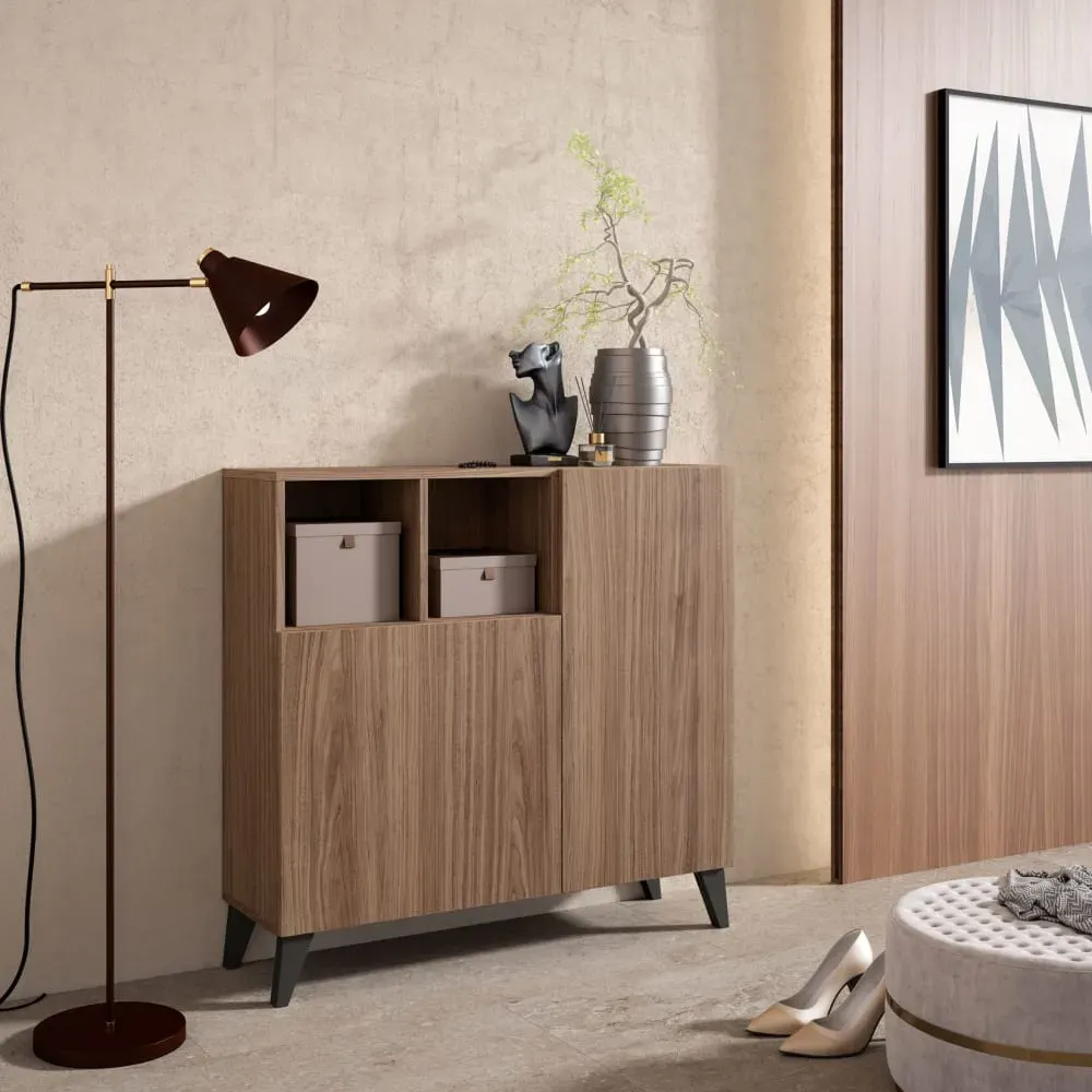 Illustration numéro 2 du produit Meuble à chaussures mélaminé noyer pieds graphite 87×90×27cm