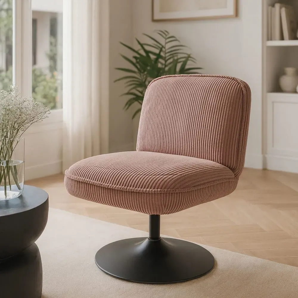 Illustration numéro 2 du produit Fauteuil pivotant en velours rose et pied en métal noir
