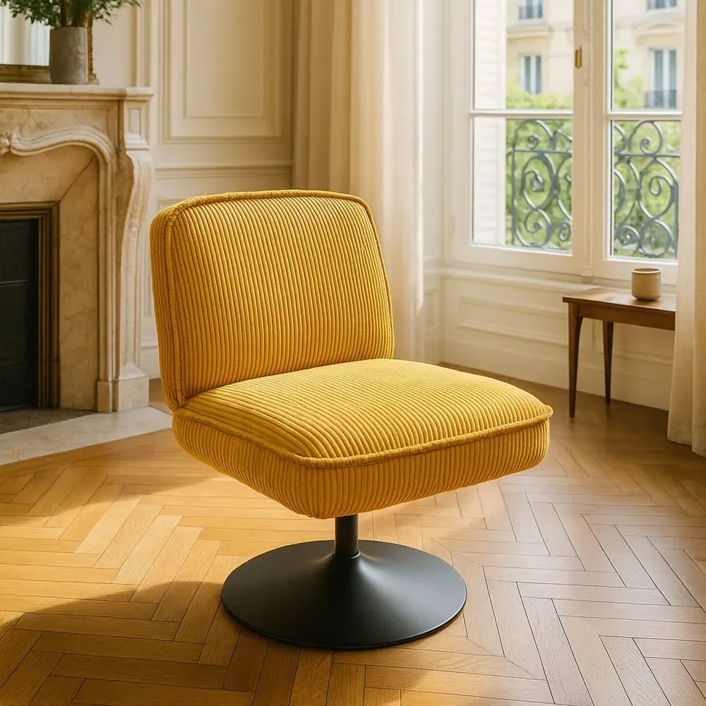 Illustration numéro 2 du produit Fauteuil pivotant en velours jaune et pied en métal noir