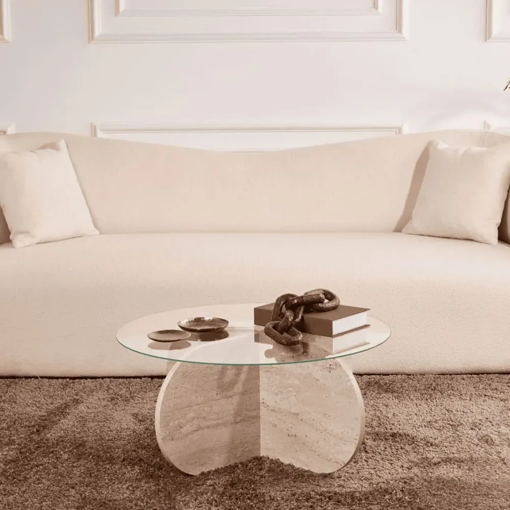 Illustration numéro 2 du produit Table basse pieds croisés et plateau en verre D75 cm - Effet Travertin