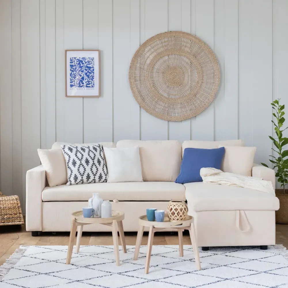 Illustration numéro 2 du produit Canapé d'angle convertible 3 places en velours côtelé beige