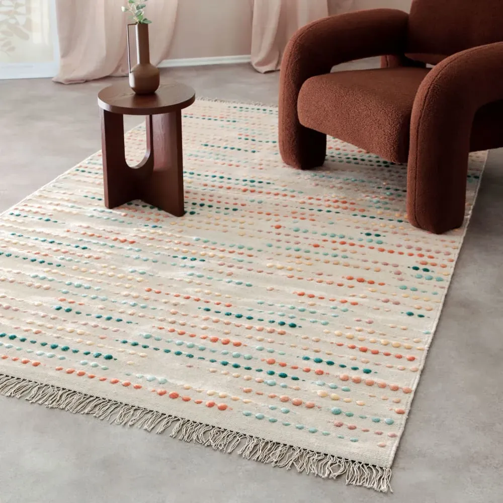 Illustration numéro 2 du produit Tapis tissé main pure laine vierge à franges et multicolore 160x230