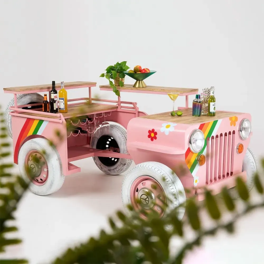 Illustration numéro 2 du produit Bar voiture à fleurs en acier rose et manguier massif